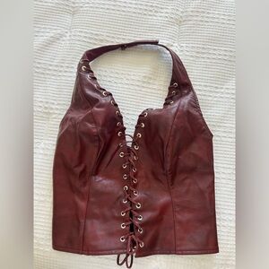 Windsor burgundy Lace-Up Leather Halter Top
